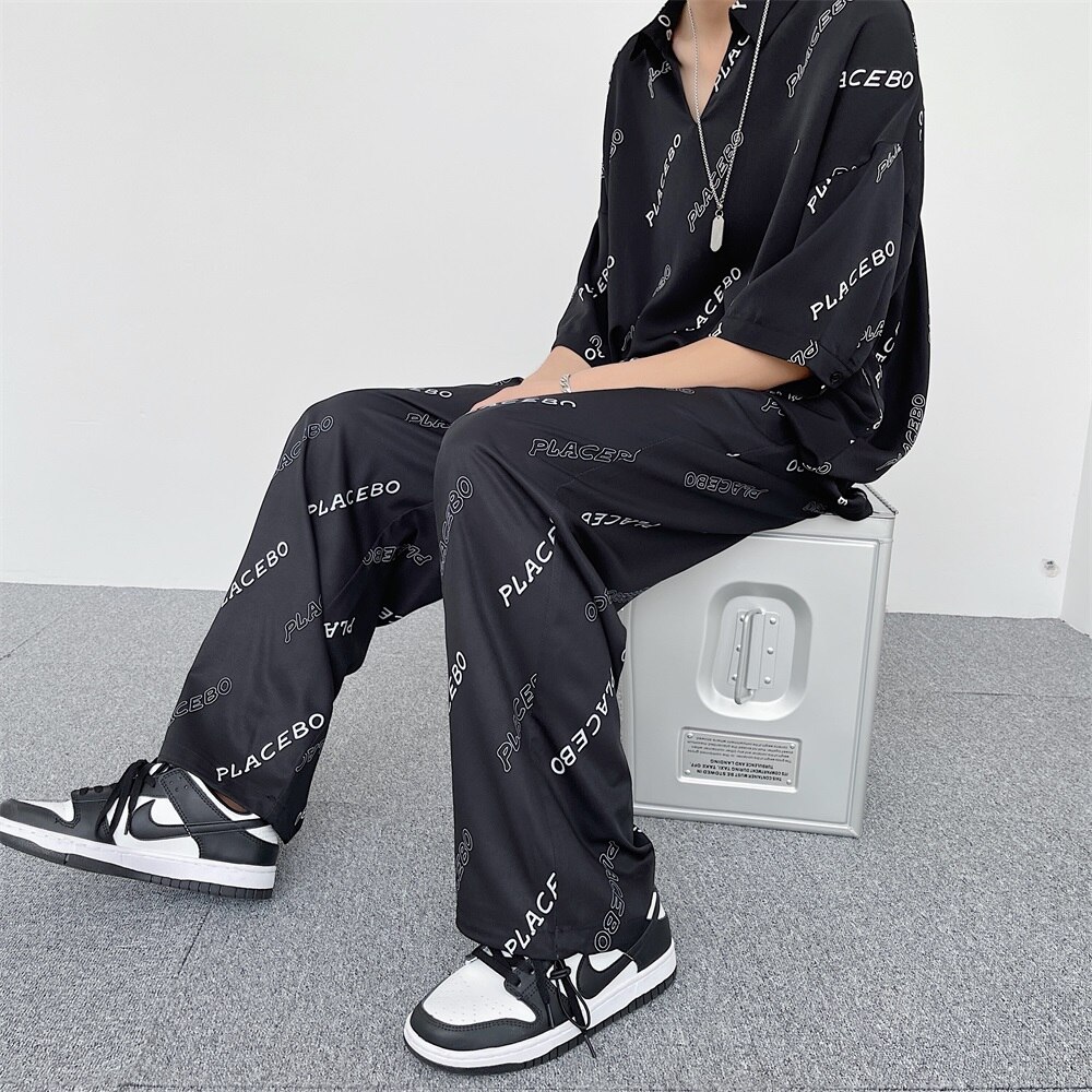 T Shirt Straight Leg Pant Summer Lightweight 2 Pieces Sets for Men Korean Gothic Clothing Teens Hip Hop Streetwear Satin