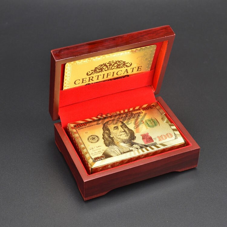 Ub 100 dollar spillekort med trækasse guld og sølv spillekort: Guld 1 med æske