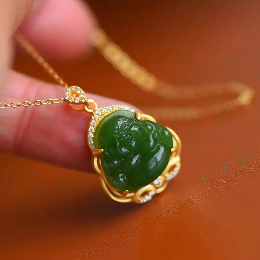 Selected Natural Hetian Jade Green Jade Small Maitreya Smiling Buddha Pendant S925 Sterling Silver Necklace for