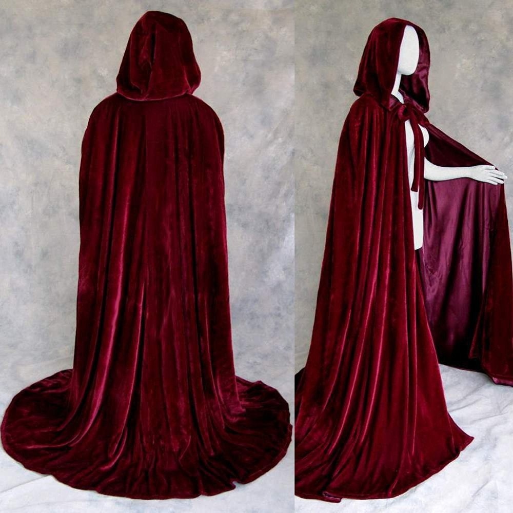 Borgonha Mulheres Wraps Elegante Manto Casamento Do Inverno Longa Capa de Veludo Com Capuz Unisex Halloween Traje Capa Com Capuz Velvet Cloak