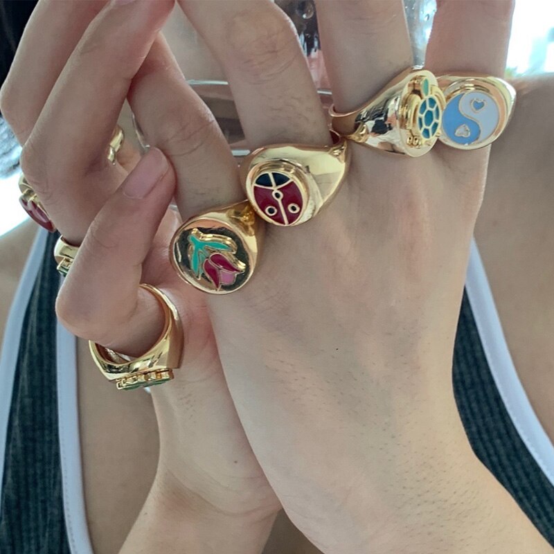 Emaille Yin Yang Tai Chi Ringe für Frauen Gold Silber Farbe Herz Geometrische Metall klobig Ringe modisch Schmuck