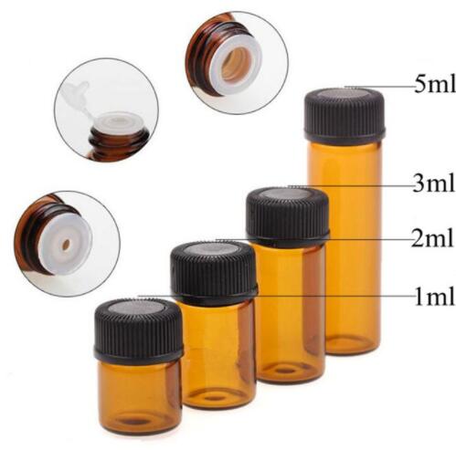 50 botellas de vidrio ámbar de 1ml/2ml/3ml/5ml drams para aceites esenciales, frascos pequeños de vidrio fino para perfumes marrones, frascos de muestra para pruebas.