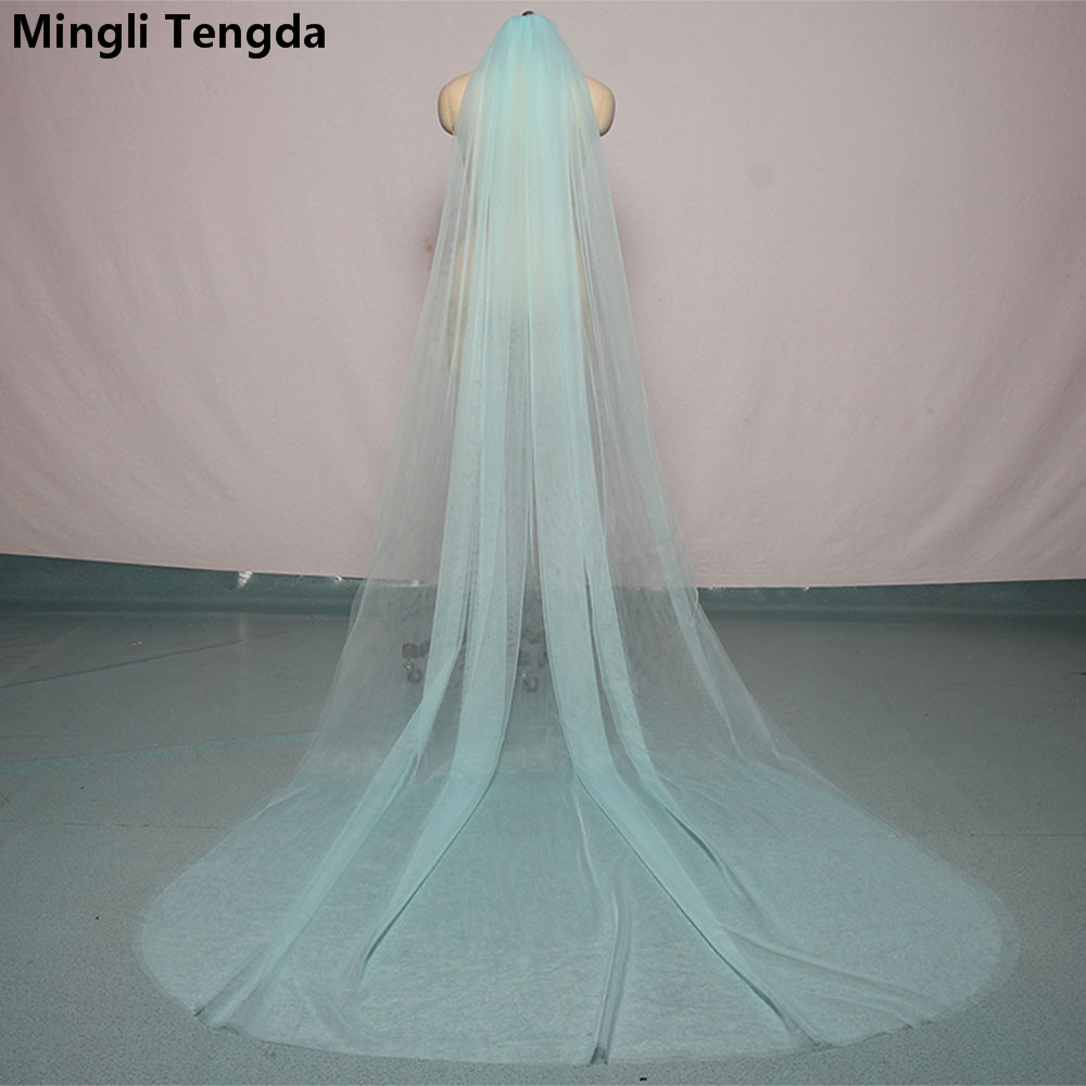 Mingli Tengda Himmel Blau Braut Schleier Lang schneiden Rand Doppel Schicht 3 Meter Lange Hochzeit Schleier Elegante Dame Kathedrale Schleier staubigen Rose