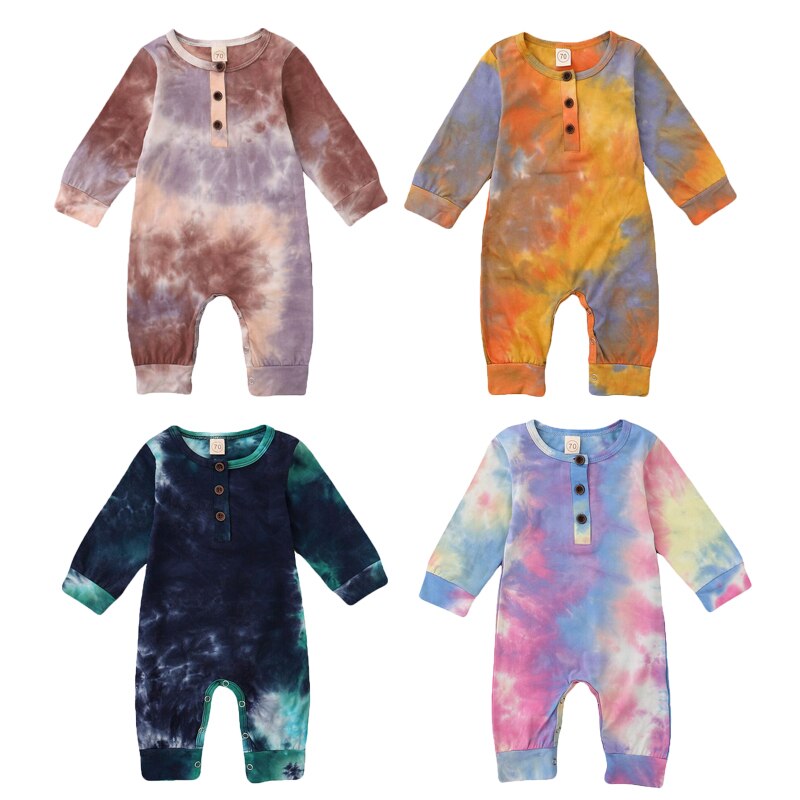 Baby Jongen Meisje Knop Rompertjes Lange Mouwen Tie Dye Print Een Stuk Jumpsuit Fall Warme Kleding