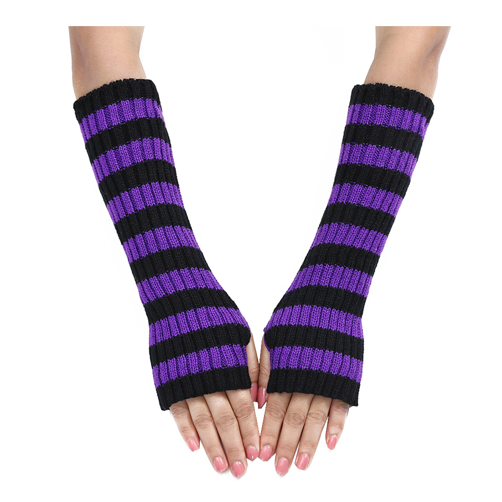 Women's Knitted Fingerless Arm Sleeves Gothic Style Striped Winter Long Arm Warmers Girls Harajuku Y2K Wrist Gloves