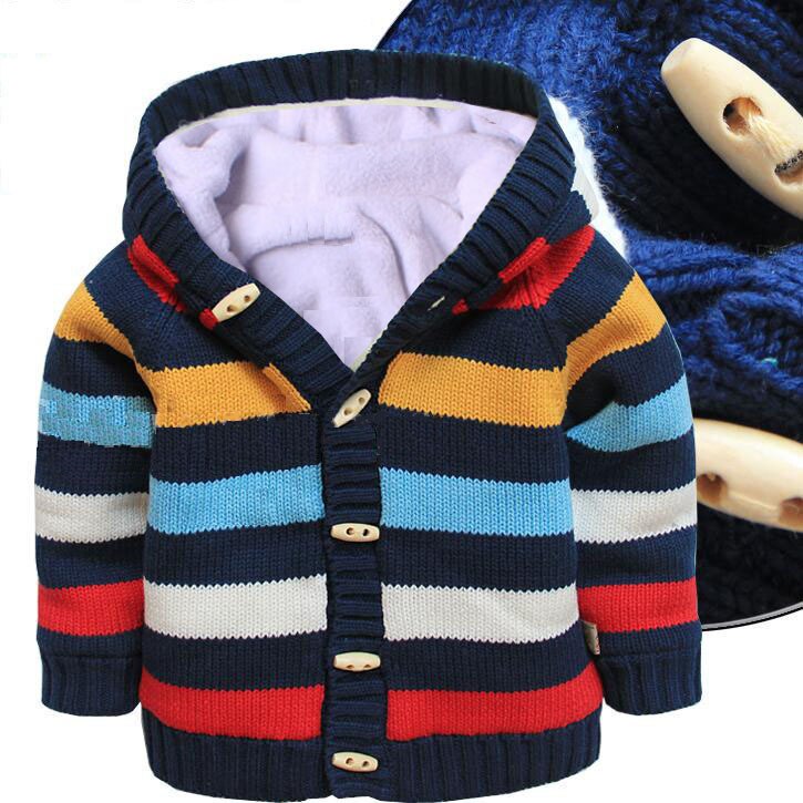 autumn Winter baby clothing boys and girls cotton striped sweaters kids plus velvet hooded cardigan coat