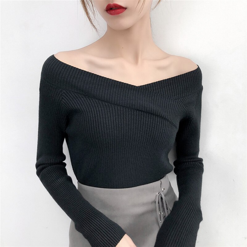 V-ringad tvinnad ryggtröja dam tröjor hösttröjor casual toppar långärmade stickade tröjor off shoulder pull femme: Svart