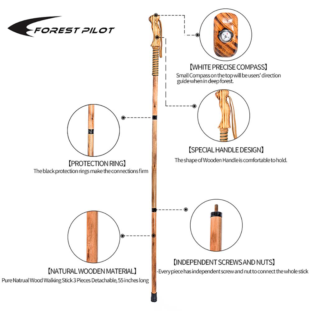 FOREST PILOT 3 Piece Detachable Nature Wood Hiking Stick Compass Decor Trekking Poles Outdoor Camping Elderly Walking Cane 2022