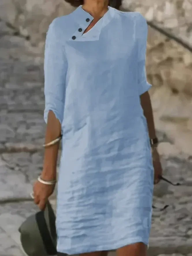Spring Cotton Linen Women's Dress White Stand Collar Half Sleeve Buttons Dresses Female Casual Loose Ladies Clothes: XXXL / Blue