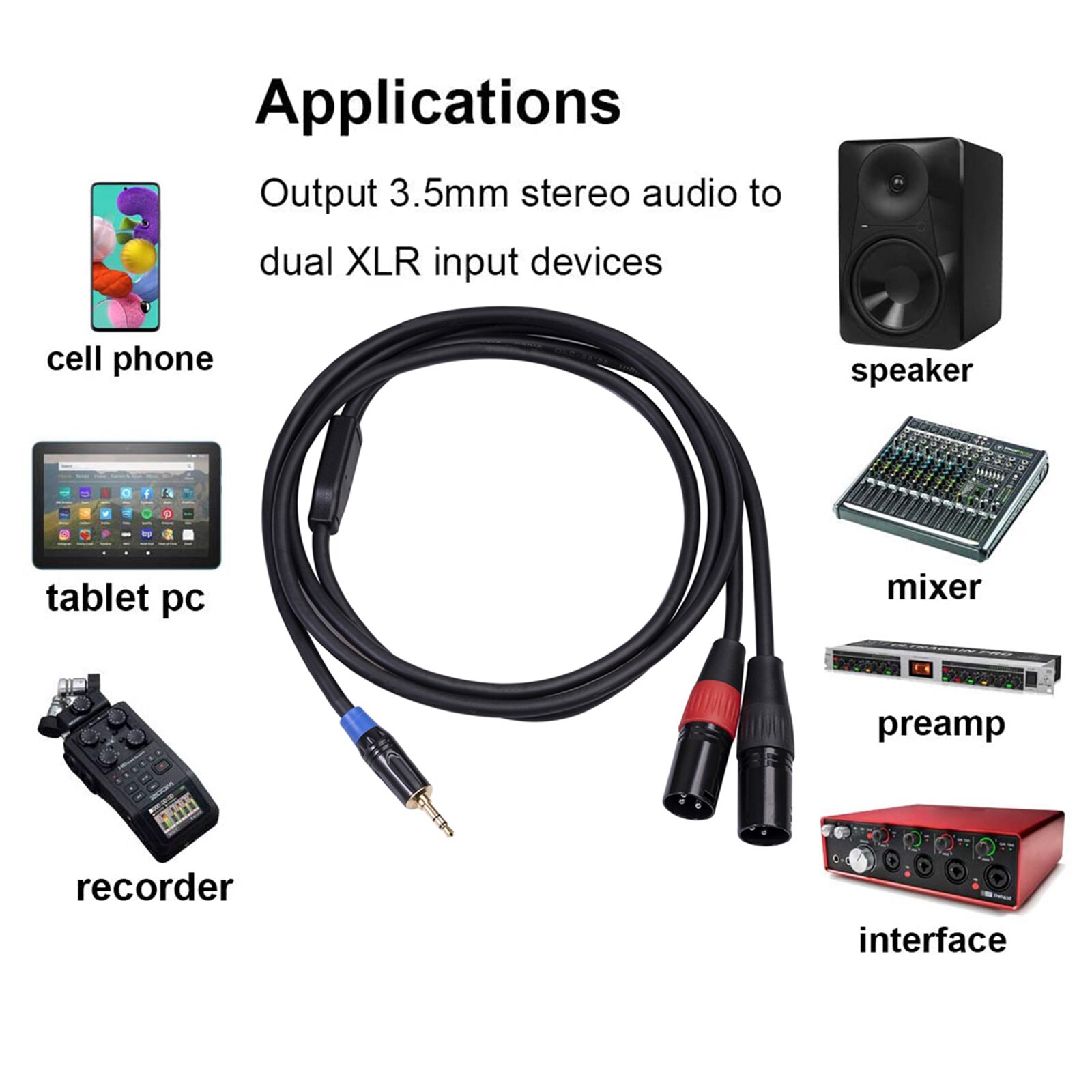 3.5mm to Dual XLR Stereo Audio Microphone Cable Mini Jack TRS Adapter Connector for Mixer Livestream Cell Phone