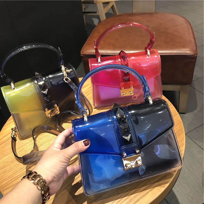 Clear Transparent saddle Bag Women rivet Jelly Bags Purse Panelled Color women Handbags sac a main femme Shoulder Bag