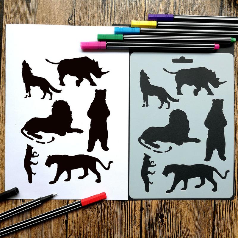Animal Stencils Set 12 Pcs with 10 Fineliner Color Pen Plastic Drawing Painting Templates Scrapbooking Kids DIY Crafts Featu