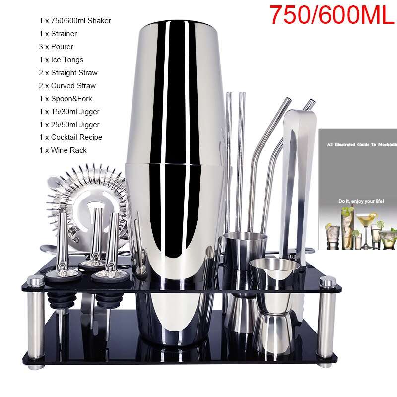 1-14 Teile/satz Edelstahl Boston Schnee Cocktail Shaker Rührgerät Trinken Barmann Werkzeug einstellen mit Gestell Rahmen Bar Cocktail Rezept: ZH 15P 750600MLRACK