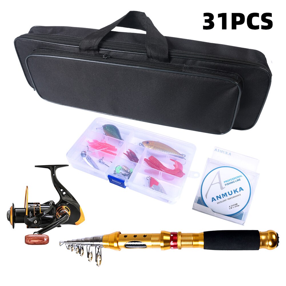 31pcs/Lot Fishing Tackle Kits Rod Pole Lead Hook Stop Beads Hard Bait Portable Travel Fishing Spinning Fishing Rod