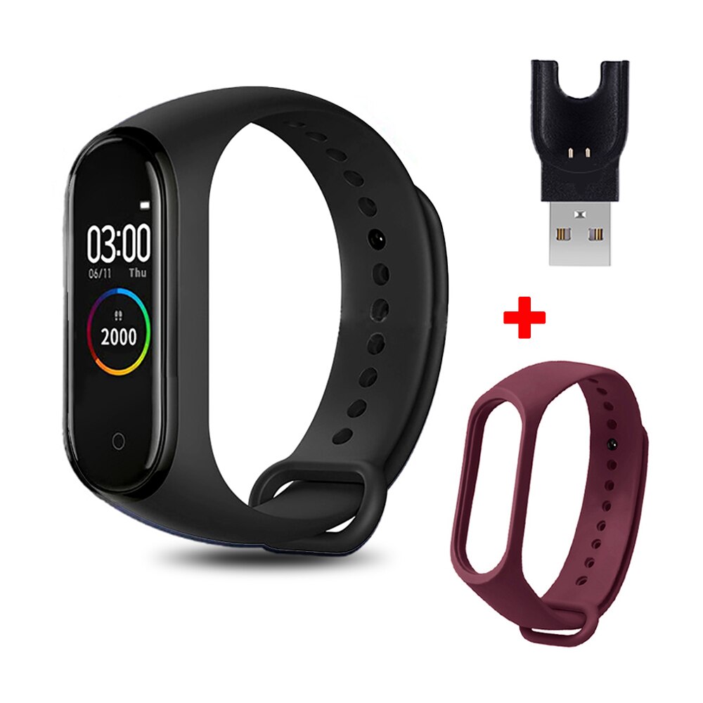 M4 Smart Bracelet with Extra Strap Smart Band Color Screen Sport Fitness Pedometer Blood Pressure Smart Wristband Step Counter: black wine red