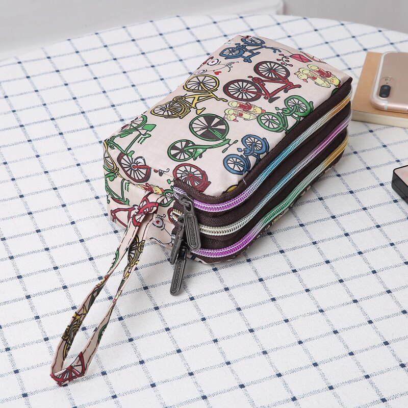 Women's handbag canvas three-layer long wallet large capacity key coin purse leisure mobile phone bag: Bicycle