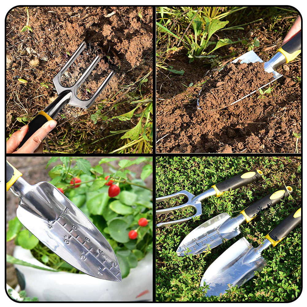 Gartenwerkzeug-Set, 4er-Pack mit Kelle, Cultivator-Handrechen, Transplantationskelle, Gartenhandschuhe zum Jäten, Bodenlockerung