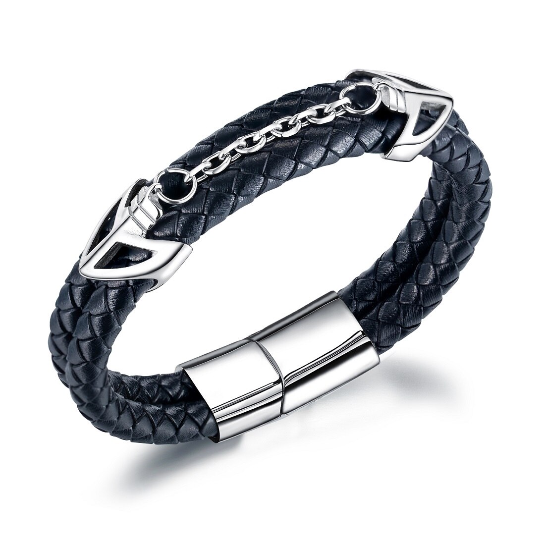 JHSL Alla Moda Degli Uomini di Sesso Maschile Dichiarazione Bracciali e Braccialetti di Alta Qualità Nero di Cuoio dell'UNITÀ di elaborazione e in Acciaio Inox Regalo Del Partito: argento / 19.5cm