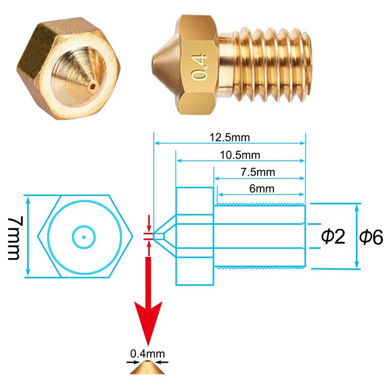 10pcs 3D Printer Accessories V5 V6 M6 threaded Nozzle 0.2 0.25 0.3 0.4 0.5 0.6 0.8 1.0mm for 1.75mm filamnet Full Metal E3D