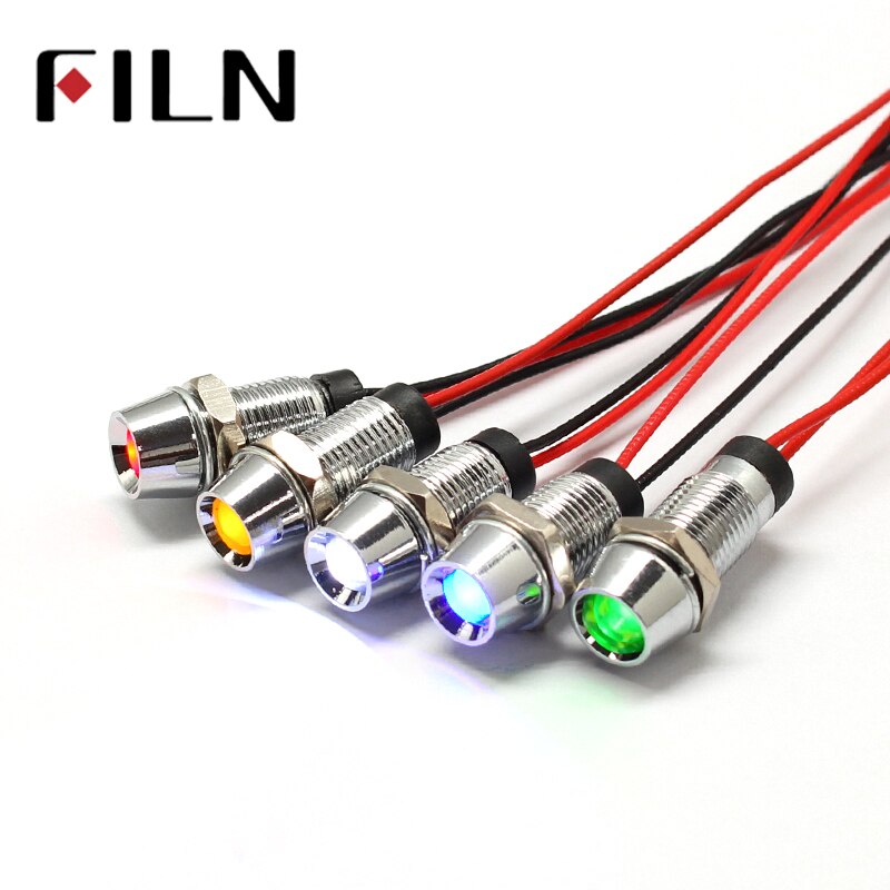 8mm 3 v 6 v 12 v 24 v métal LED panneau pilote tableau de bord indicateur de Signal voyant 20 cm câble Chrome fini voiture bateau Marine