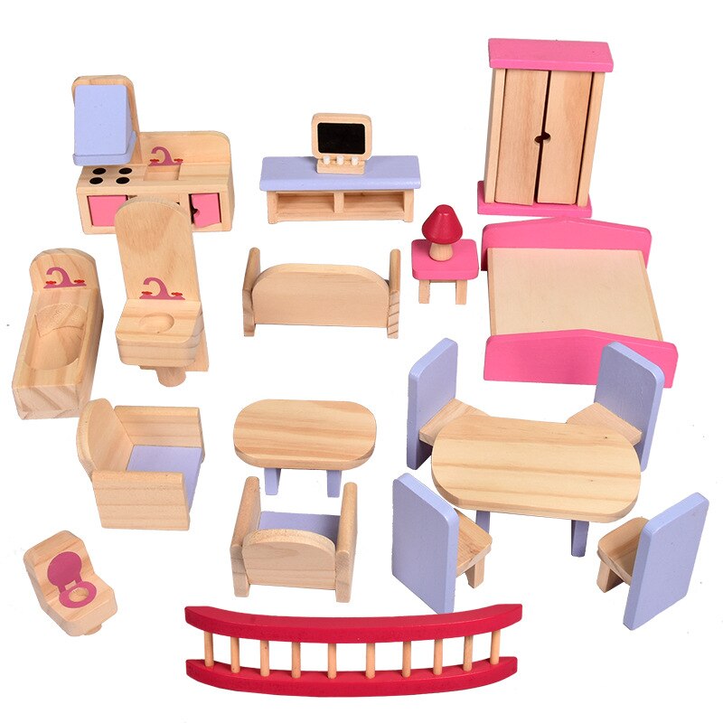 Kleurrijke houten poppenhuismeubels, houten miniatuur keukenhuismeubels, poppendecoratie-accessoires, fantasiespel, kinderspeelgoed