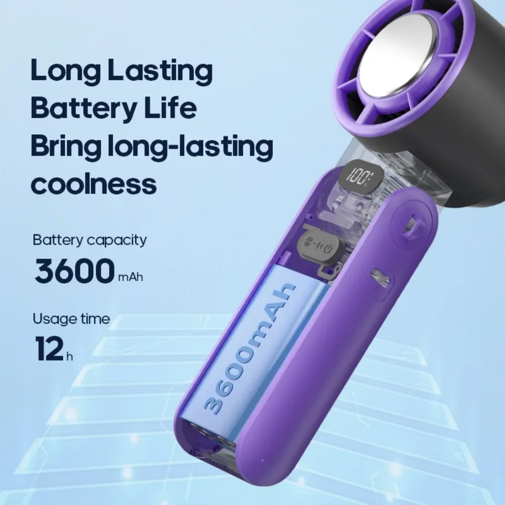 Handhållen luftkylfläkt 3600 mah usb-uppladdningsbar utomhus mini-kylfläkt med 100 hastigheter vindkylkompress hopfällbar skrivbordsfläkt