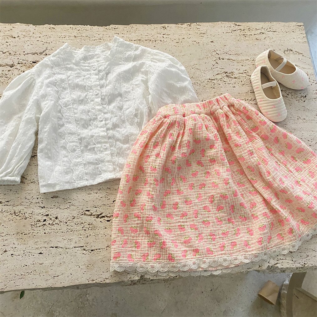Vêtements coréens pour enfants, jupe en dentelle, en coton, rose, florale, printemps 2022