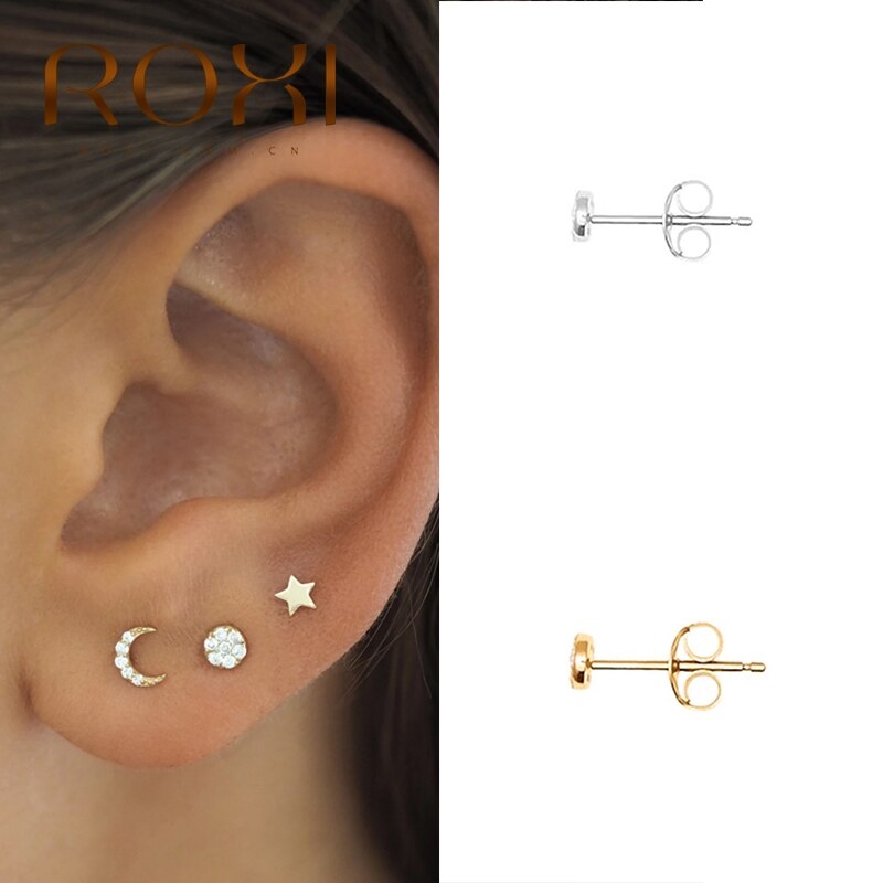 ROXI Classic Round Circle Crytal Piercing Earrings for Women Pendientes 925 Sterling Silver Simple Cartilage Earrings Jewelry