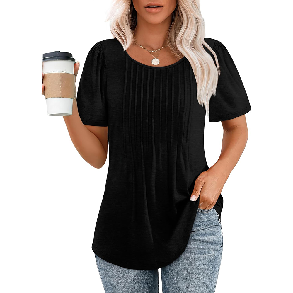 Dames T-shirts met korte mouwen, geplooid, chic, casual ronde hals, zomertops, blouses 2025: S / Black