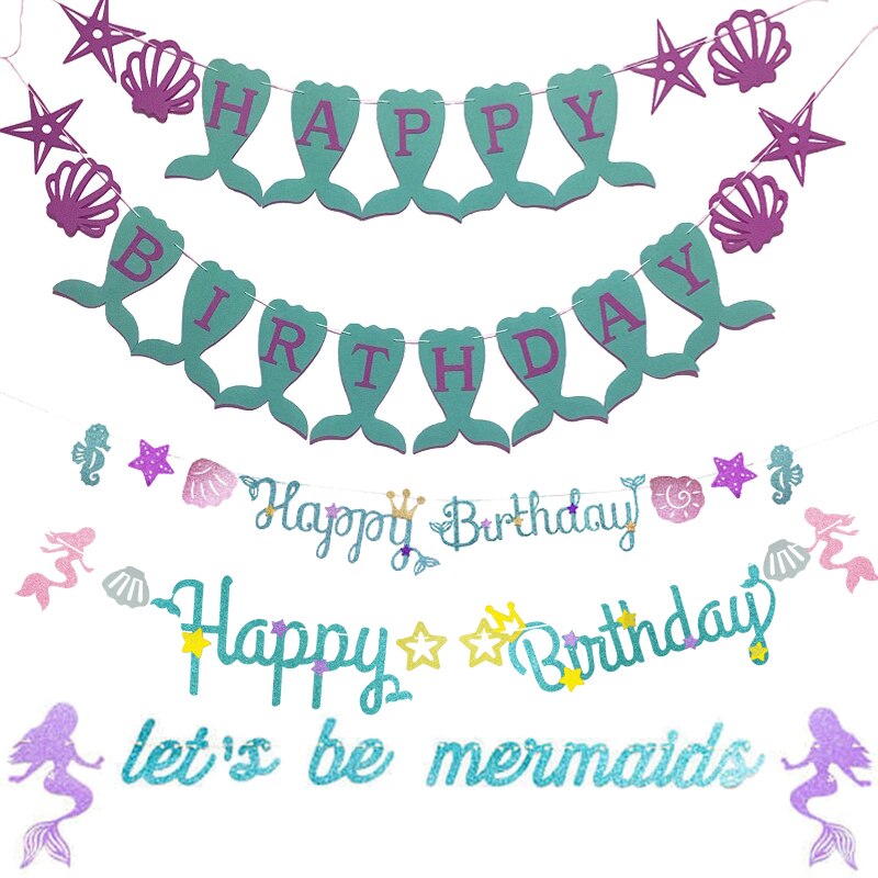 1Set Mermaid Banner DIY Kid Adult Birthday Party Decor Bunting Hanging Garland Mermaid Tail Shell Paper Flag Baby Shower Supplie