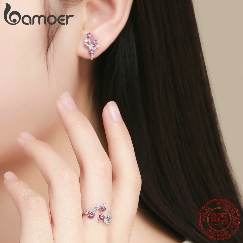 Bamoer 100% 925 Sterling Zilver Bloeiende Wintersweet Plum Bloem Ringen Oorbellen Vrouwen Sieraden Sets Zirkoon Luxe Sieraden ZHS096