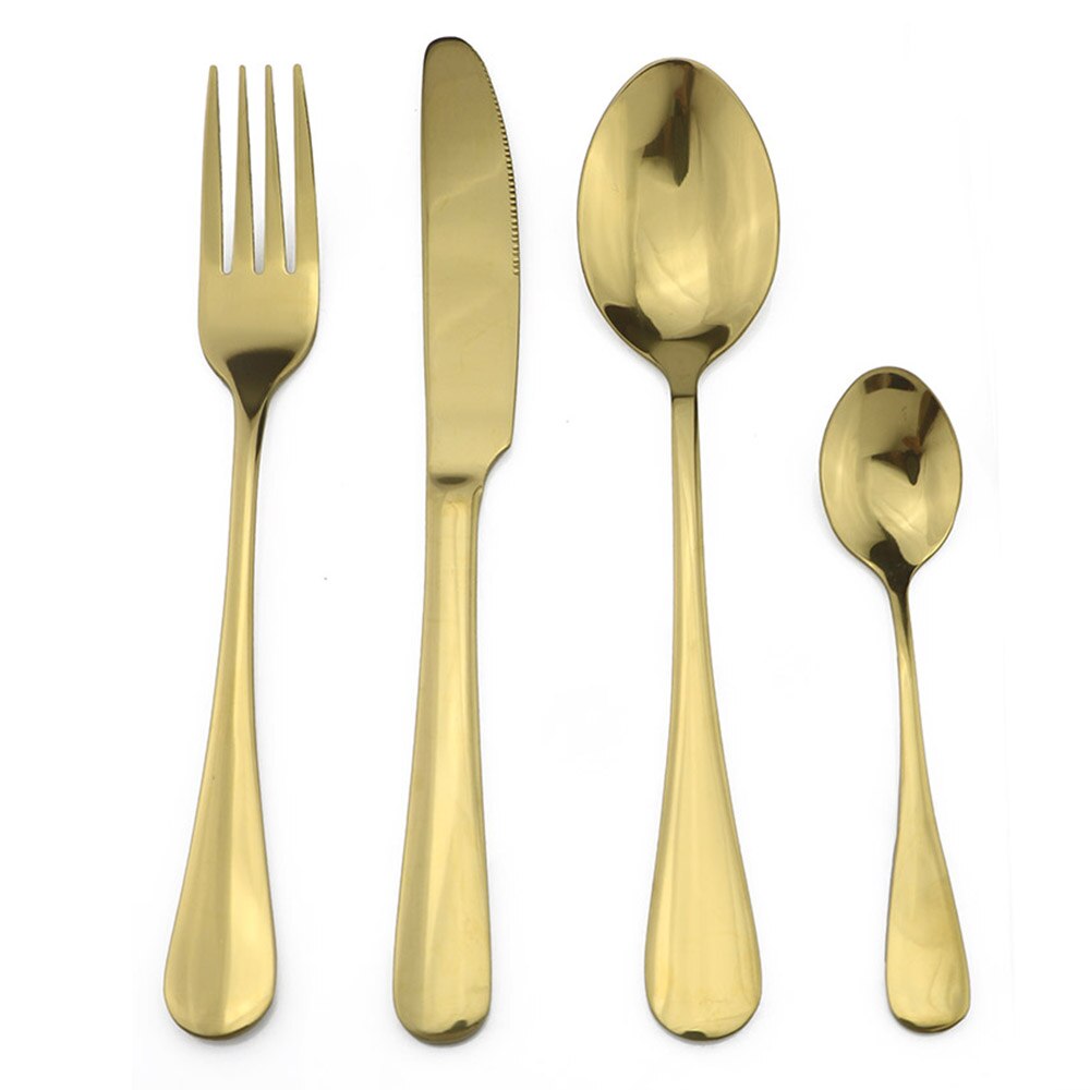 24PCS Noble Blue Stainless Steel Flatware Set Dinnerware Cutlery Set Knife Forks Coffee Spoons Box Black Golden Silverware Set: Gold   Box / Gold  24pieces