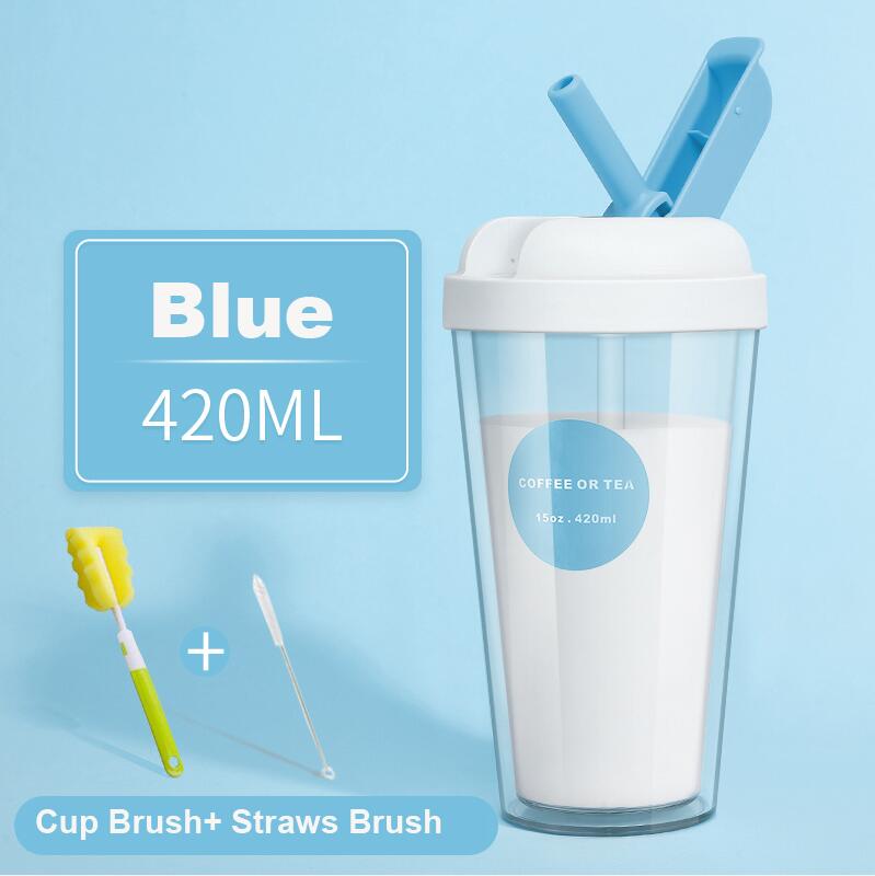 Ins 420ml dubbla lager återanvändbar kaffekopp mjölk te smoothie halmkoppar utomhus dricksflaska resemugg med borste