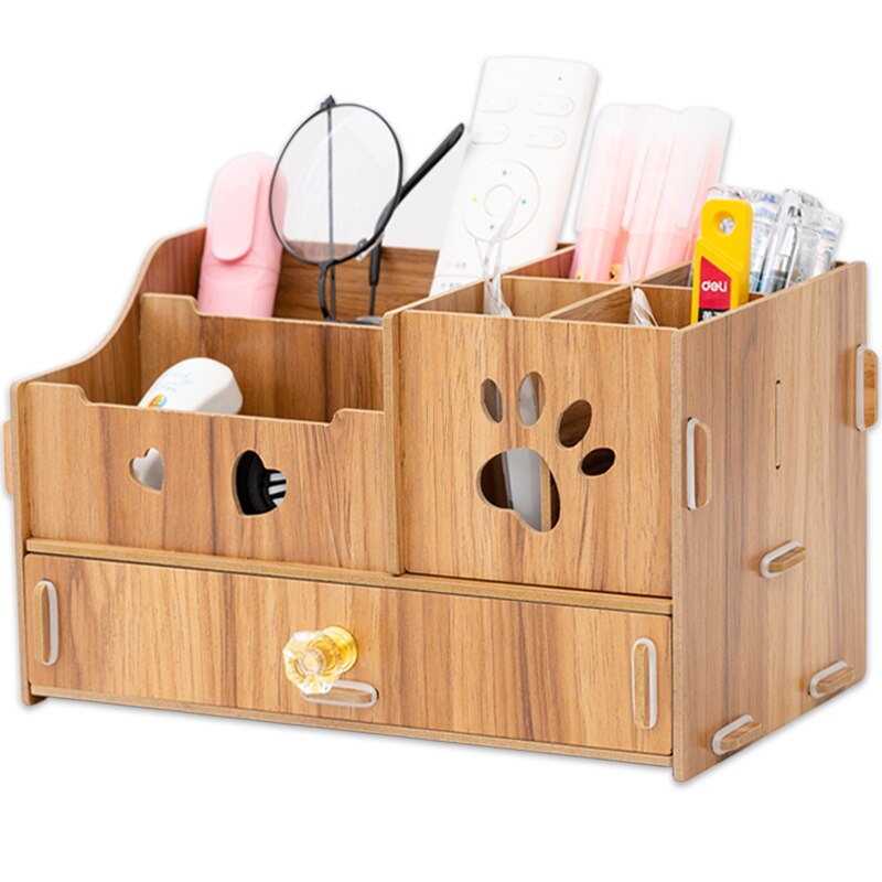 Wooden Office Desk Organizer DIY Document File Multifunction Accessories Storage Magazine Book Shelf pen pencil holder: B brown