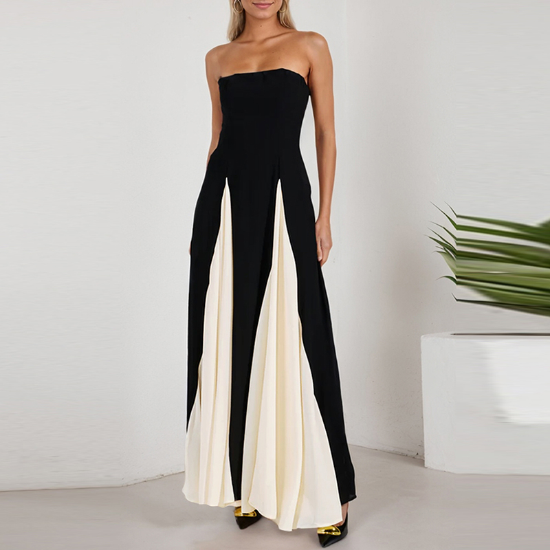 Forårskjoler med off-shoulder-motiv til kvinder sexet tube top farveblokeret patchwork lang kjole sommerkjole med ærmer og ryg: S / Beige