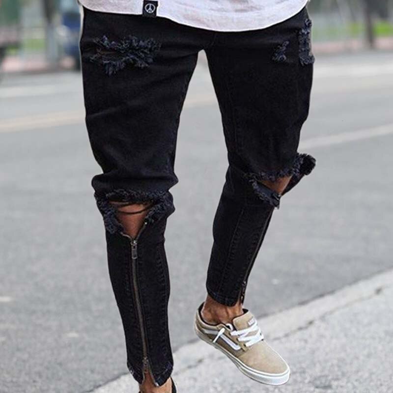 Brand Men Jeans Skinny Ripped Destroyed Stretch Slim Fit Pencil Pants With Holes For Men Casual Black Street Trousers