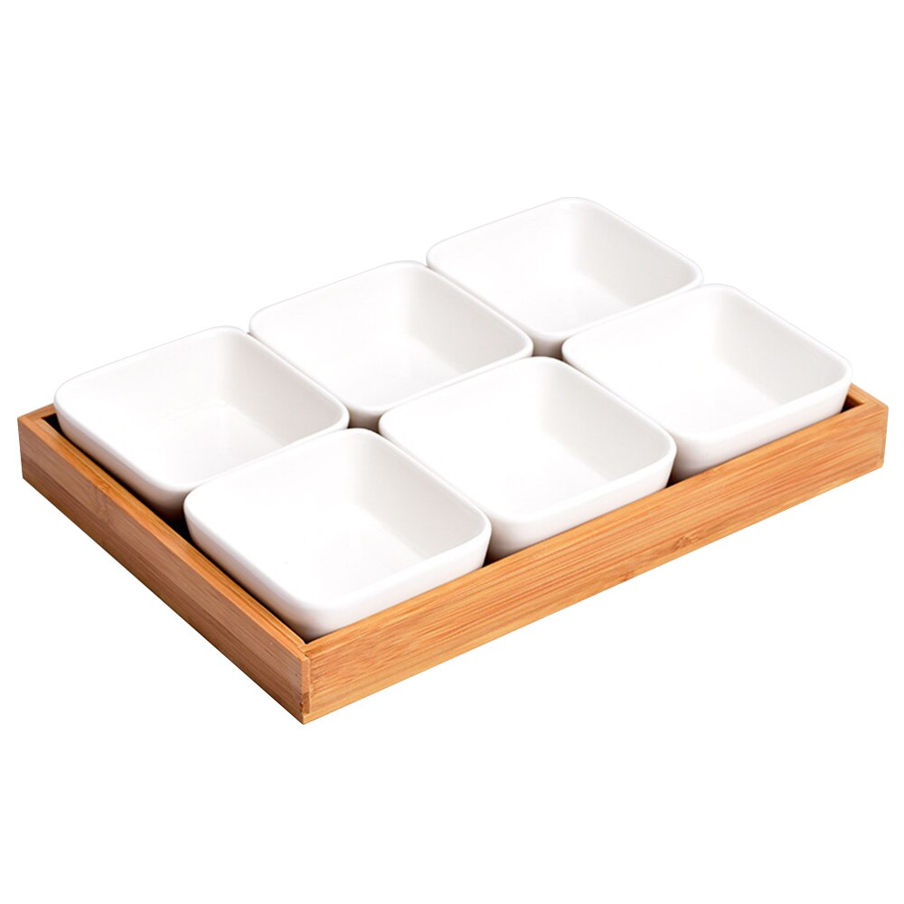 Ceramic Grid Fruit Snack Plate Serving Platter Japanese Small Dish with Tray Japanese-Style Ceramic Bamboo Fruit Nuts Plate: 6 grids