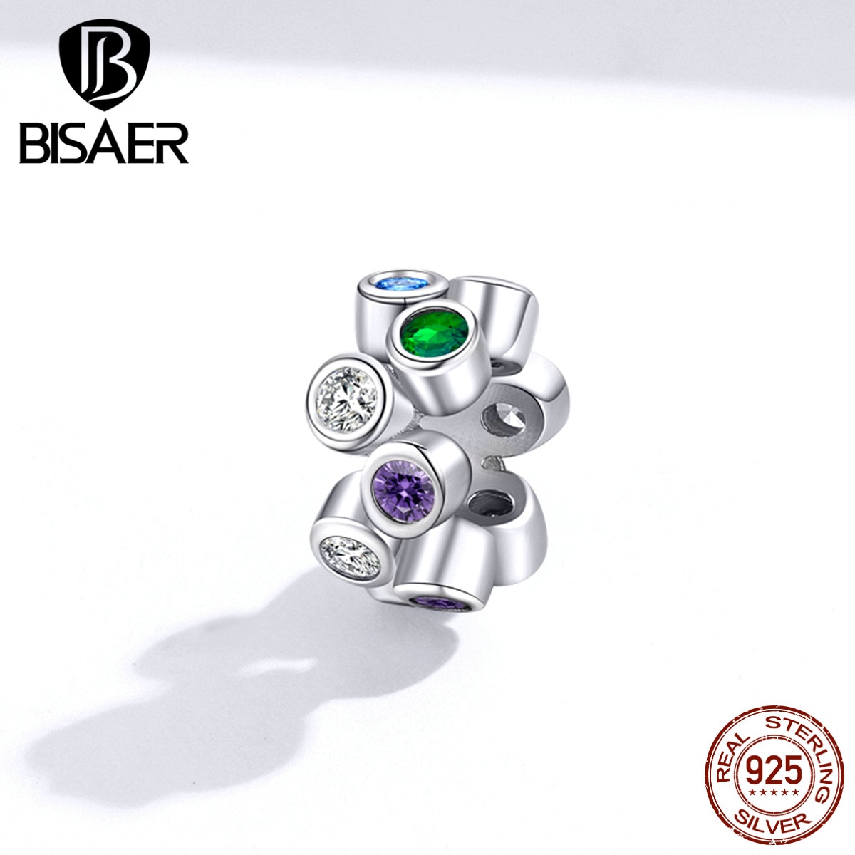 Color Beads BISAER 925 Sterling Silver Spacer Beads Clear & Rainbow Cubic Zircon Charms for Jewelry Making Accessories EFC184