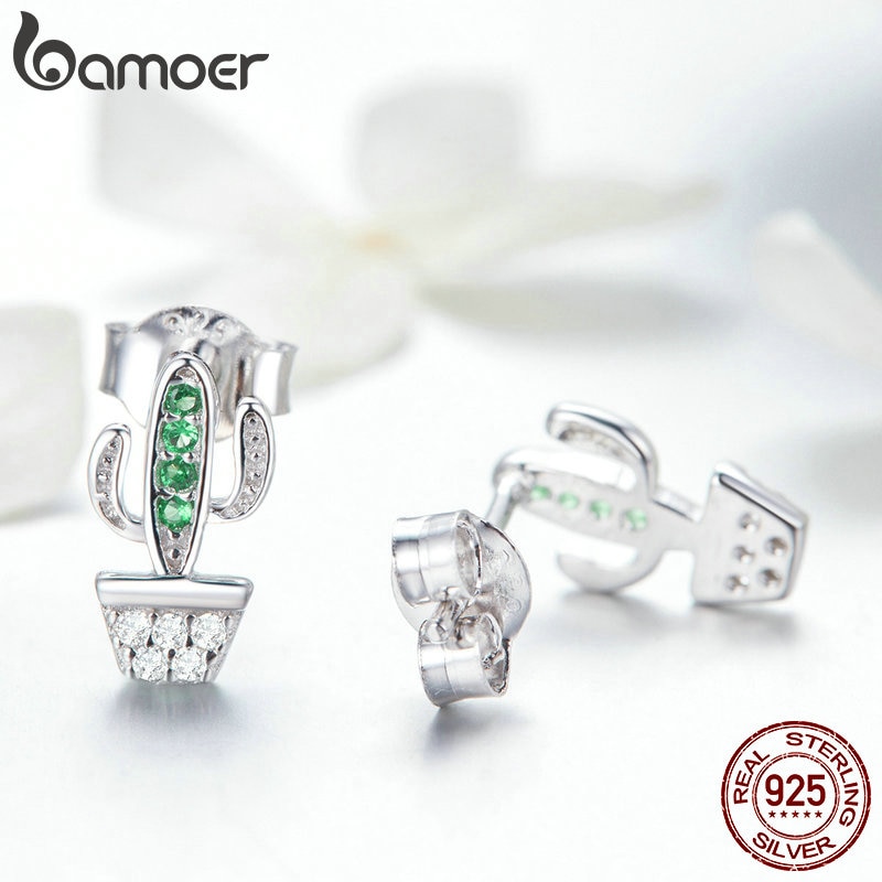 Bamoer echte 925 sterling zilveren groene cactus plant oorbellen voor vrouwen heldere kubieke zirkonia sieraden sce 522