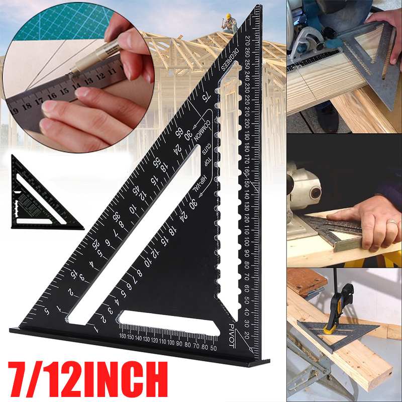 Black Angle Ruler 7/12 inch Metric Aluminum Alloy Triangular Measuring Ruler Woodwork Speed Square Triangle Angle Protractor