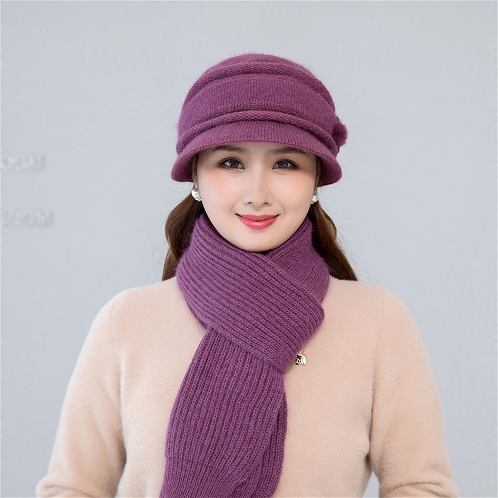 2/3pcs/Set Ladies Warm Thick Women Hat Scarf Set Knitted Beanies Caps Winter Hats Knitted Gloves Winter Hats: dark purple-3pcs