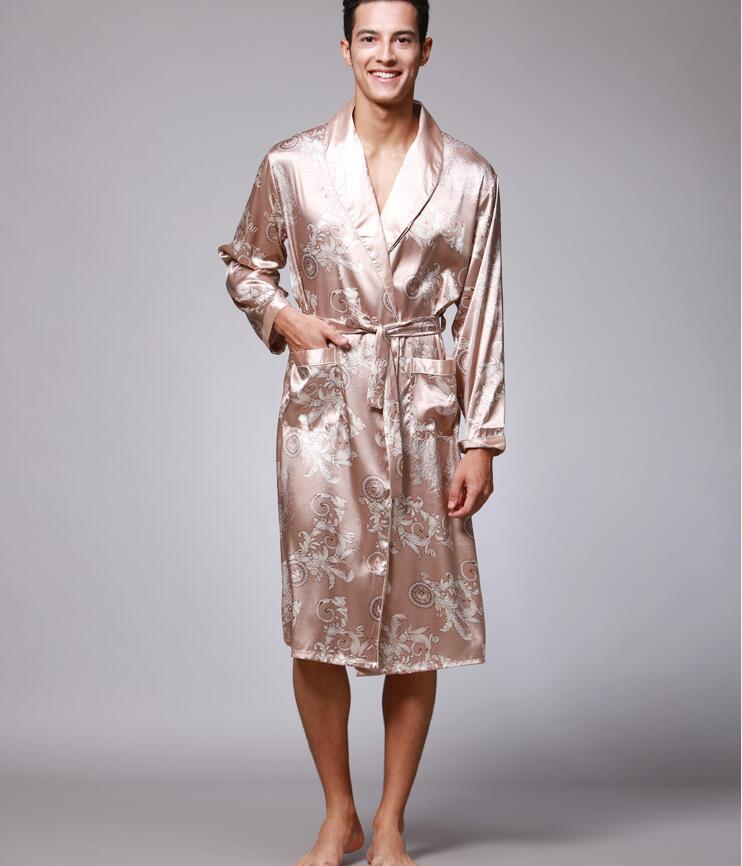 YT- 027 Spring Autumn Luxury Bathrobe Mens Print Plus Size Satin Pajamas Silk Nightgown: Champagne