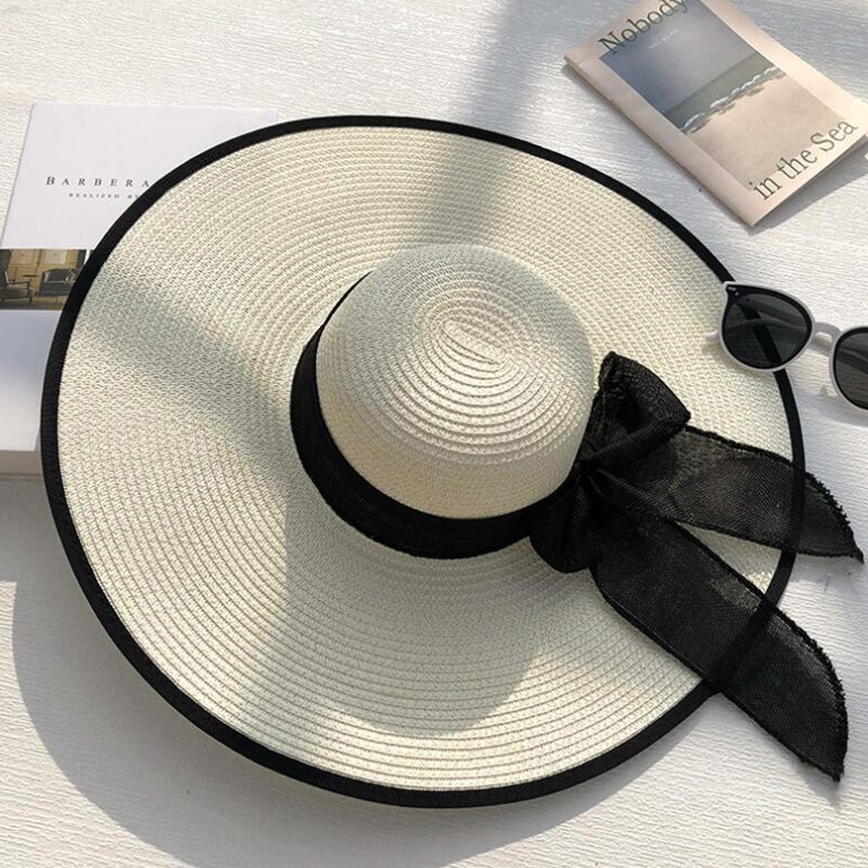 Zomer Panama Hoed Grote Rand Strooien Hoed Floppy Wide Brim Zon Hoeden Strik Strand Opvouwbare Hoeden Caps Voor Vrouwen Chapeu feminino: Milk White