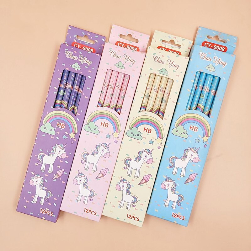 12 pcs/set Cute Rainbow Unicorn Triangle HB Standard Wooden Pencil Student Stationery Writing Pencils School Office Supply