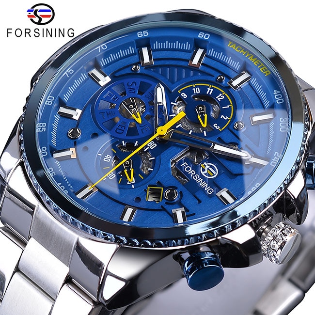 Forsining Heren Automatische Horloge Blauw Stalen Band Kalender 3 Sub Wijzerplaat Horloge Mechanische Waterdichte Mannelijke Klok Relogio Masculino: GMT1137-1