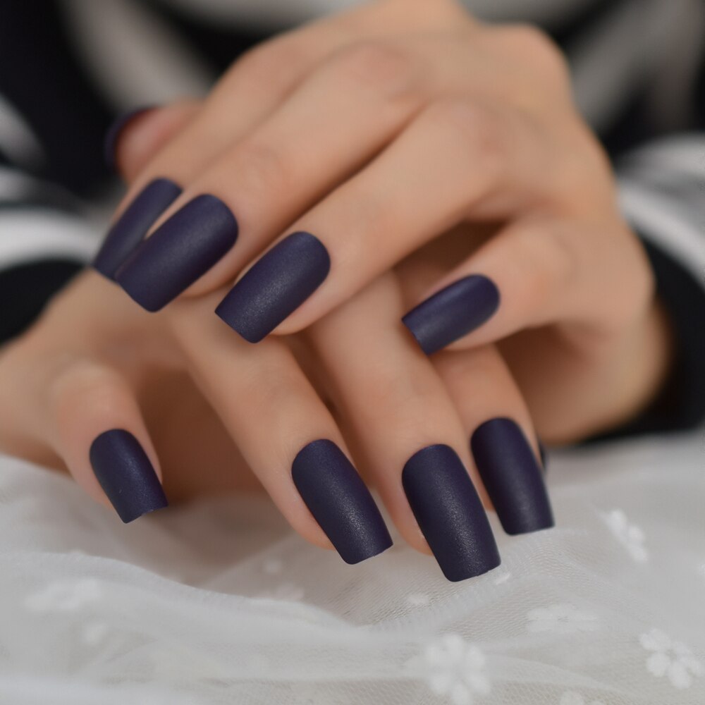 Rough Matte Square False Nails Dark Purple Frosted Acrylic Artificial Nails Medium Manicure Tips 24pcs