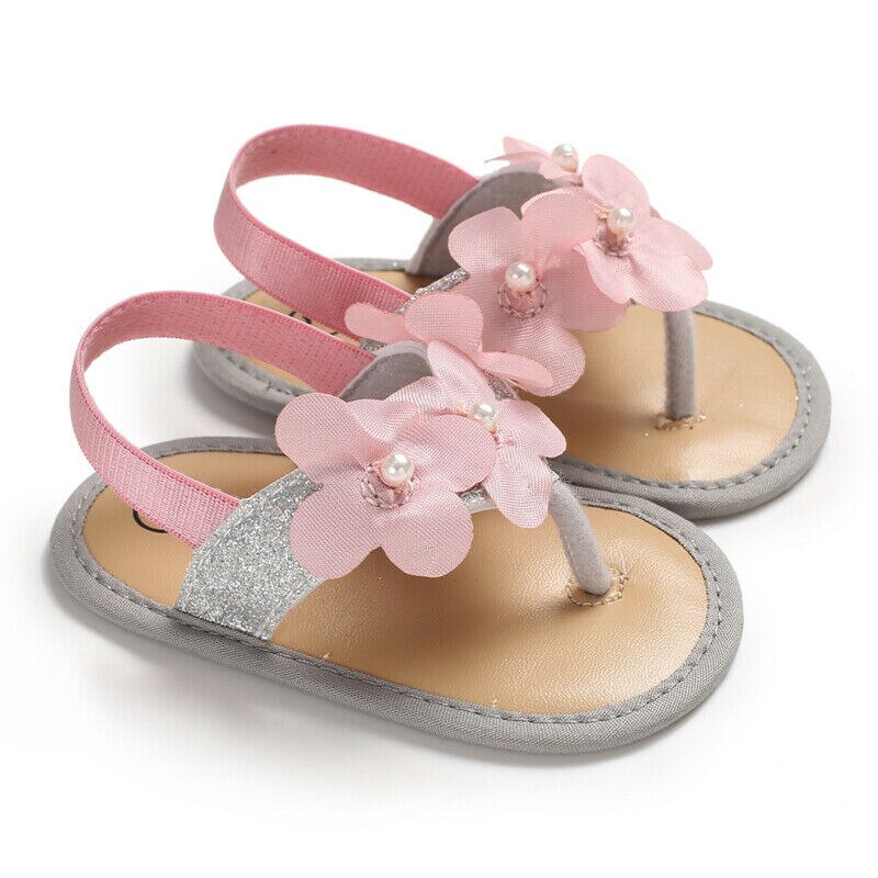 2019 Sapatas Das Meninas Do Bebê Floral Linda Princesa Flor Sandálias Romanas Plana Não-Escorregar Sneakers Sola Macia Bebê Recém-nascido: Prata / 13