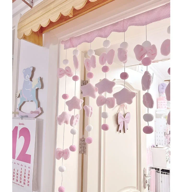 Cortina corta con lazo bonito rosa, partición de hilo, decoración colgante para ventana, cortinas para puerta de dormitorio, cortina para puerta de baño, dormitorio de niñas