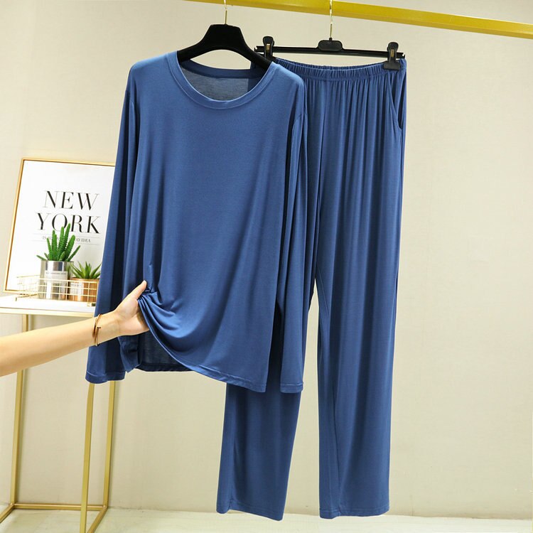 Pijamas modales de manga larga para hombre, ropa de dormir de talla grande 5XL 6XL, para el hogar, primavera y verano, 2022: Dark Blue Sets / 6XL(80-100kg)