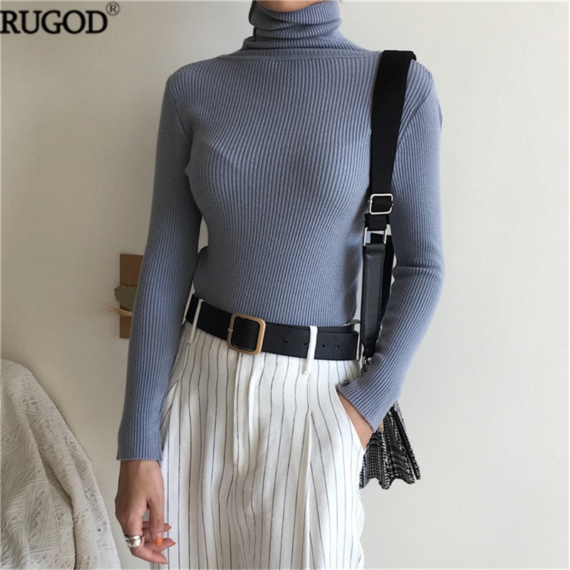 RUGOD Solid Turtleneck Sweater Women Long Sleeve Knitted Slim Pullover Female Autumn Winter Sweater Befree Tops